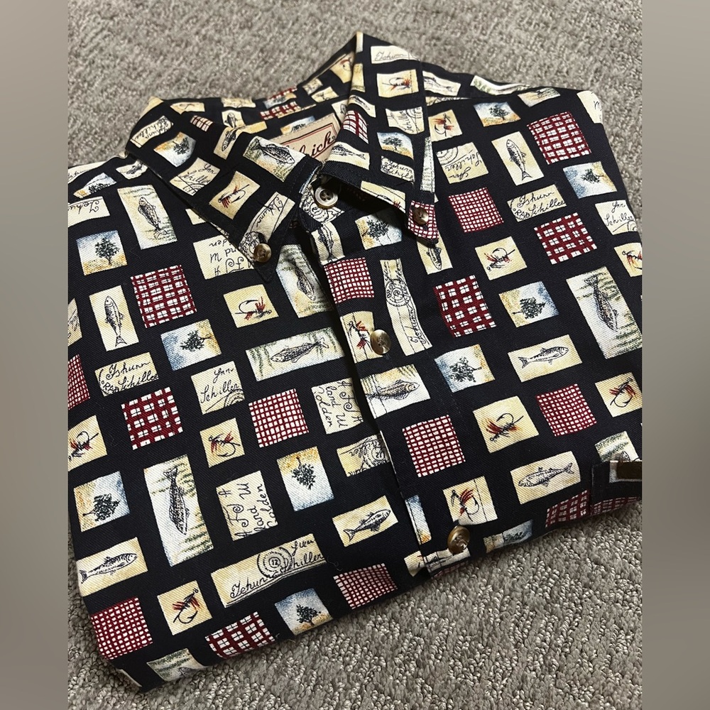 Woolrich Long Sleeve Button Up Fish Navy Red Size large 100% Cotton